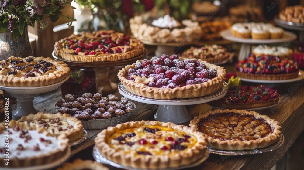A Table Spread with a Variety of Homemade Fruit Pies A Table Spread with a Variety of Homemade Fruit Pies
