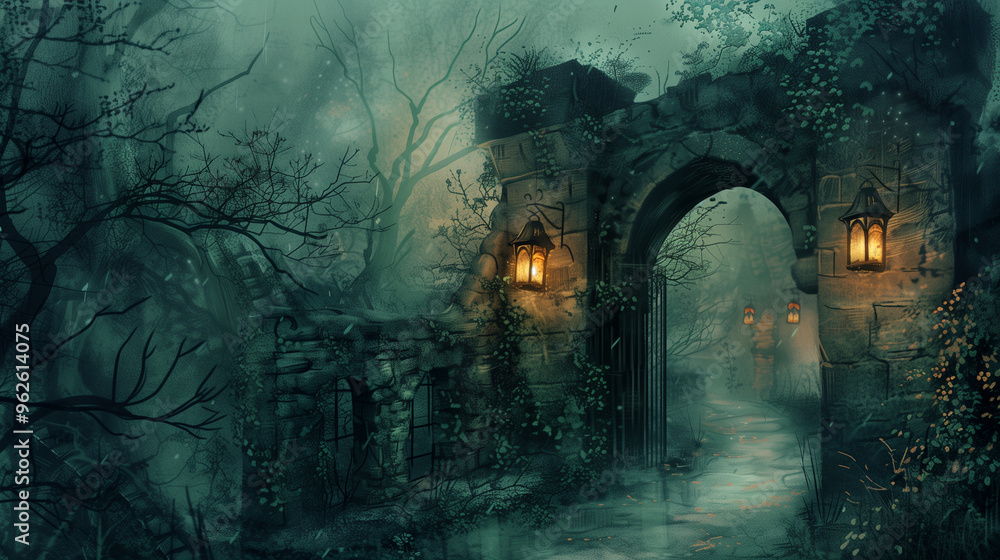 Ancient stone archway shrouded in mist and ruins Ancient stone archway shrouded in mist and ruins