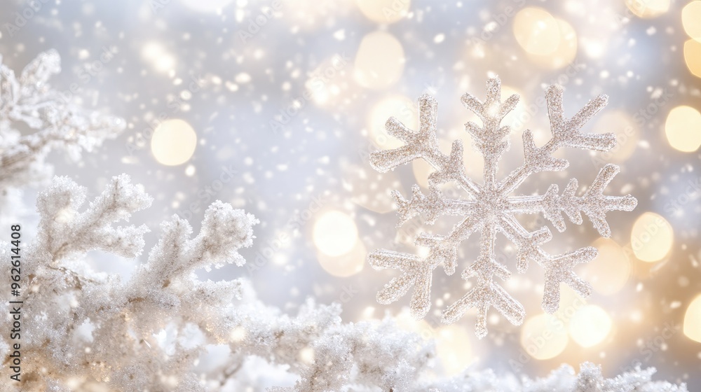 Soft-focus snowflakes falling against a white Christmas background, with subtle twinkling lights in the distance - Soft-focus snowflakes falling against a white Christmas background, with subtle twinkling lights in the distance -