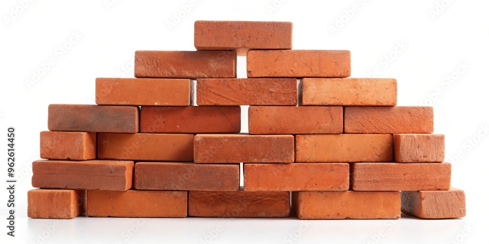 Fototapeta premium A stack of red bricks on a white background, construction, building material, pile, masonry, solid, heavy, durable, texture