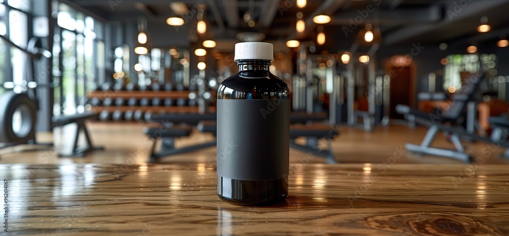 Black bottle of protein powder or supplement on a wooden table in a gym, ready to help you reach your fitness goals. Black bottle of protein powder or supplement on a wooden table in a gym, ready to help you reach your fitness goals.