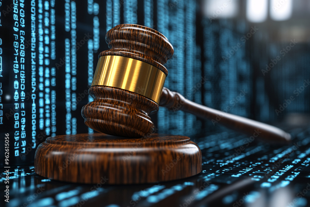 Judge gavel on background of data center, digital law concept of duality of judiciary, jurisprudence and justice and data in the modern world, copy space. Judge gavel on background of data center, digital law concept of duality of judiciary, jurisprudence and justice and data in the modern world, copy space.
