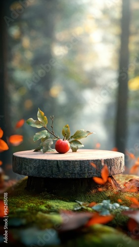 Wallpaper Mural Podium set in a fairytale forest with a plum surrounded by magical elements. Torontodigital.ca