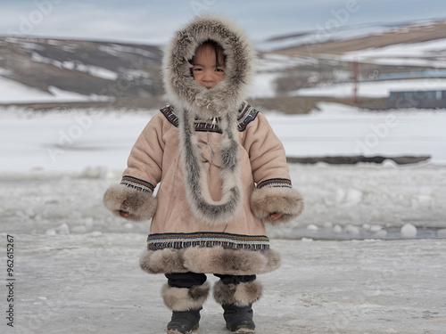 Portrait of an Inuit child in traditional sealskin clothing, Arctic regions