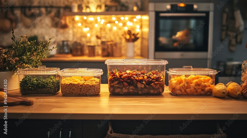Four Glass Containers of Food on a Wooden Countertop Four Glass Containers of Food on a Wooden Countertop