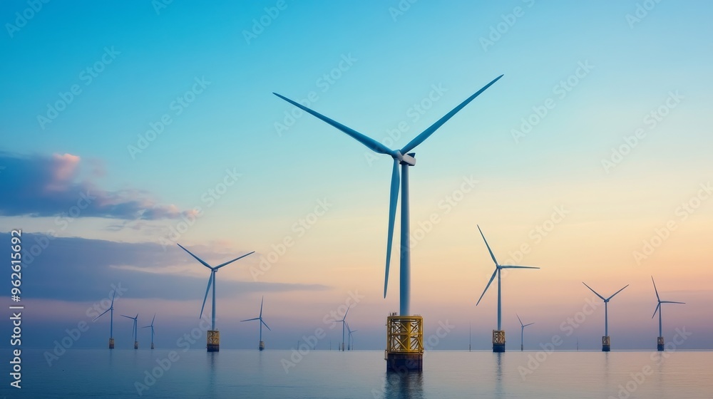 Wind turbines stand tall in a calm sea at sunset, with a vibrant blue sky and clouds in the background. Wind turbines stand tall in a calm sea at sunset, with a vibrant blue sky and clouds in the background.