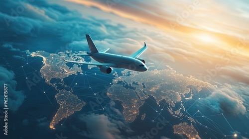 Airplane flying over a world map, symbolizing the growth of international business and global trade connections