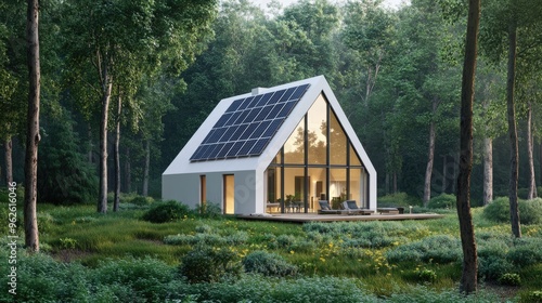 View of white solar panels on a sleek, minimalist house in a forest setting, harmonizing with nature