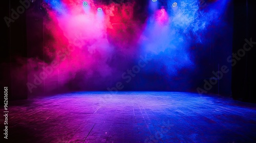 An empty stage with neon lighting in dark blue, purple, and pink tones, setting a vibrant and mysterious mood for an upcoming performance.