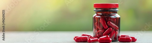 Close-up of a bottle of iron supplements with a focus on energy, clean and bright setting photo