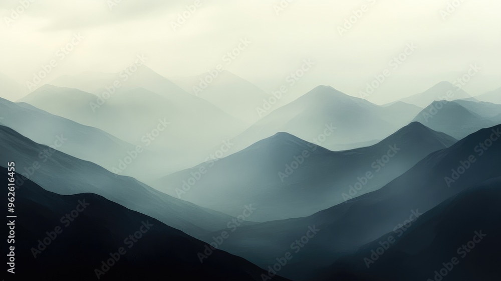 Fototapeta premium Flowing, shadowy mountains set against an abstract, misty sky, evoking a sense of mystery and eerie calm in this surreal scene