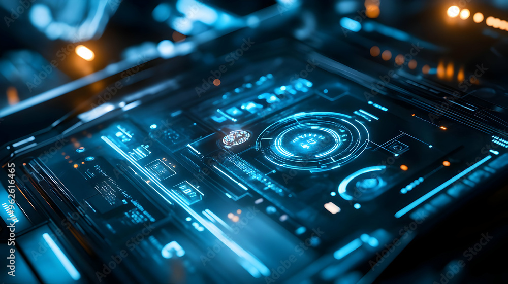 Futuristic Digital Interface Illustration with Blue and Orange Lights Futuristic Digital Interface Illustration with Blue and Orange Lights