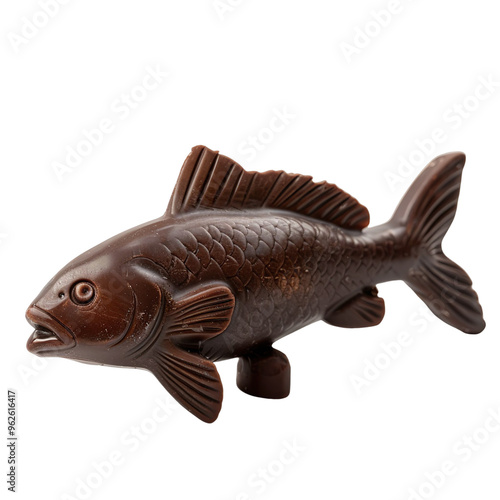 Side view of a chocolate bluefish figurine swimming isolated on a white transparent background photo