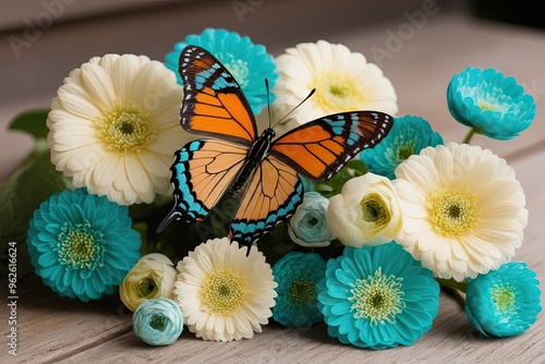 Captivating Butterfly Amid Cream and Turquoise Flowers