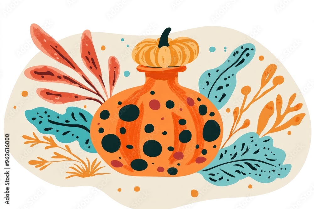 Autumn Pumpkin Vase with Floral Illustration Autumn Pumpkin Vase with Floral Illustration
