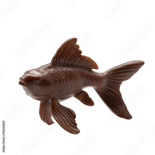 Side view of a chocolate hoki figurine swimming isolated on a white transparent background photo