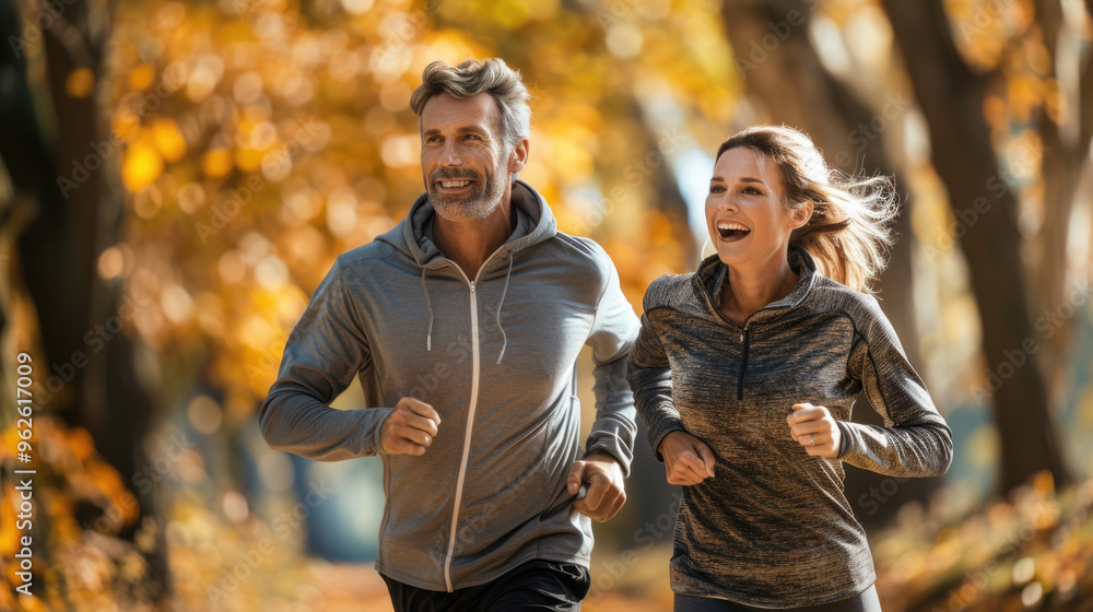 A happy romantic couple is jogging for exercise in park while they travel on their summer holiday trip together.