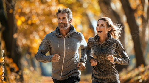 Obraz na płótnie A happy romantic couple is jogging for exercise in park while they travel on their summer holiday trip together. w salonie