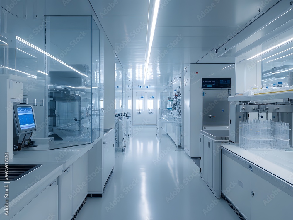 Sterile biotech lab with automated machines producing synthetic biological materials, high-tech environment Sterile biotech lab with automated machines producing synthetic biological materials, high-tech environment