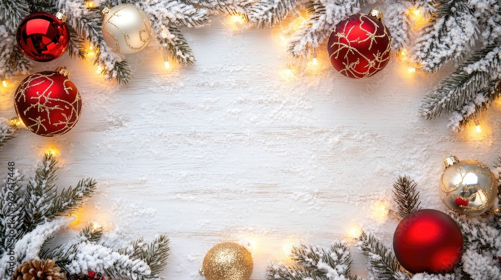 White Christmas background with red and gold ornaments, snow-covered pine branches, and twinkling fairy lights - White Christmas background with red and gold ornaments, snow-covered pine branches, and twinkling fairy lights -
