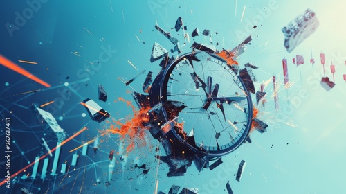 Wallpaper Mural An intense image of a clock and Bitcoin coin simultaneously exploding, with financial graphs in the background. The blue tones create a sense of urgency and highlight the rapid changes in the Torontodigital.ca