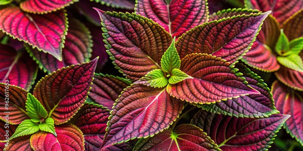 Close-up of maroon-green Coleus Blumei leaves, ornamental, plant, foliage, vibrant, colorful, botany, gardening, close-up Close-up of maroon-green Coleus Blumei leaves, ornamental, plant, foliage, vibrant, colorful, botany, gardening, close-up