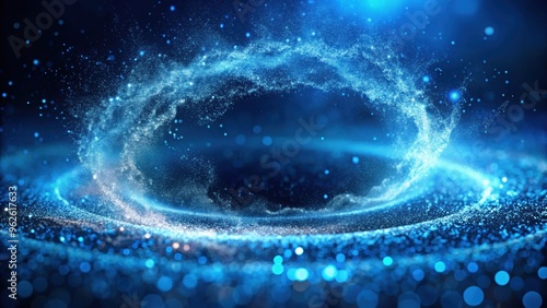 Vortex of blue particles unfolding in dark blue background with water vapor and bokeh particles , blue, particles photo