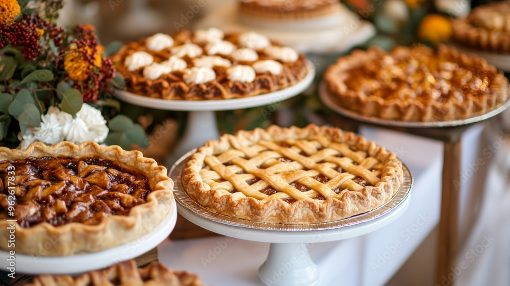 Three Pies on Stands at a Dessert Bar Three Pies on Stands at a Dessert Bar