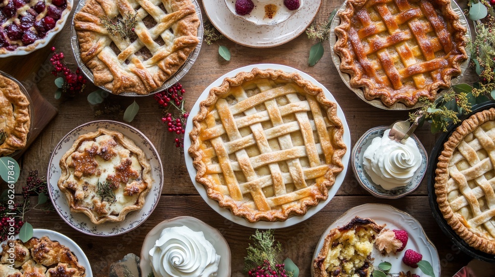 A Tabletop Display of Various Homemade Pies with Whipped Cream and Raspberries A Tabletop Display of Various Homemade Pies with Whipped Cream and Raspberries