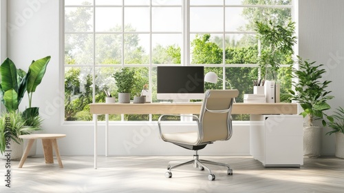 White home office setup with a spacious desk, ergonomic chair, and large window overlooking greenery.