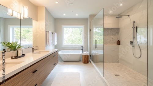 Wallpaper Mural White interior bathroom with clean lines, a large walk-in shower, and natural wood accents for warmth. Torontodigital.ca