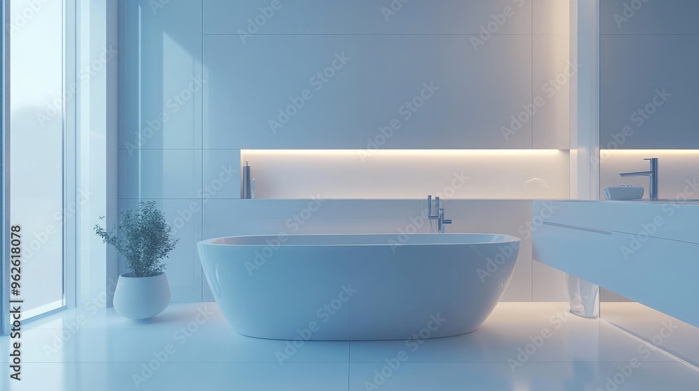 White interior of a modern bathroom with a freestanding bathtub, large mirror, and soft ambient lighting. White interior of a modern bathroom with a freestanding bathtub, large mirror, and soft ambient lighting.