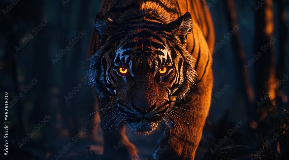 Tiger with Glowing Eyes in the Dark Forest Tiger with Glowing Eyes in the Dark Forest