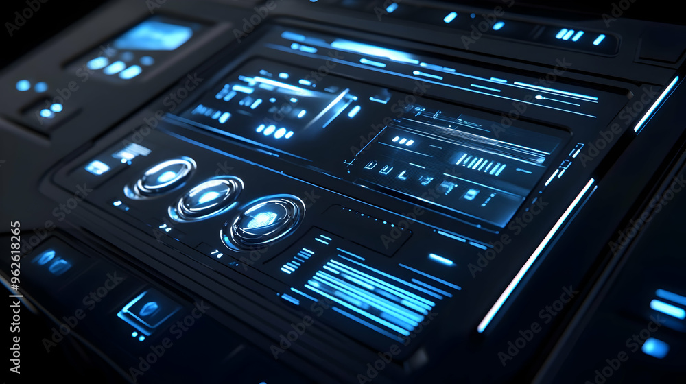 Futuristic User Interface 3D Illustration with Blue Lights Futuristic User Interface 3D Illustration with Blue Lights