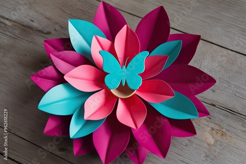 Vibrant Raspberry and Aqua Flower Petals Adorned with Decorative Butterflies