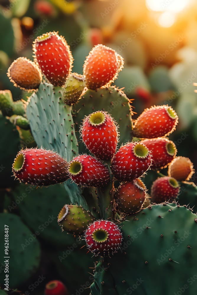 Closeup of bright red prickly pear cactus fruits with green pads in the background, natural daylight Closeup of bright red prickly pear cactus fruits with green pads in the background, natural daylight