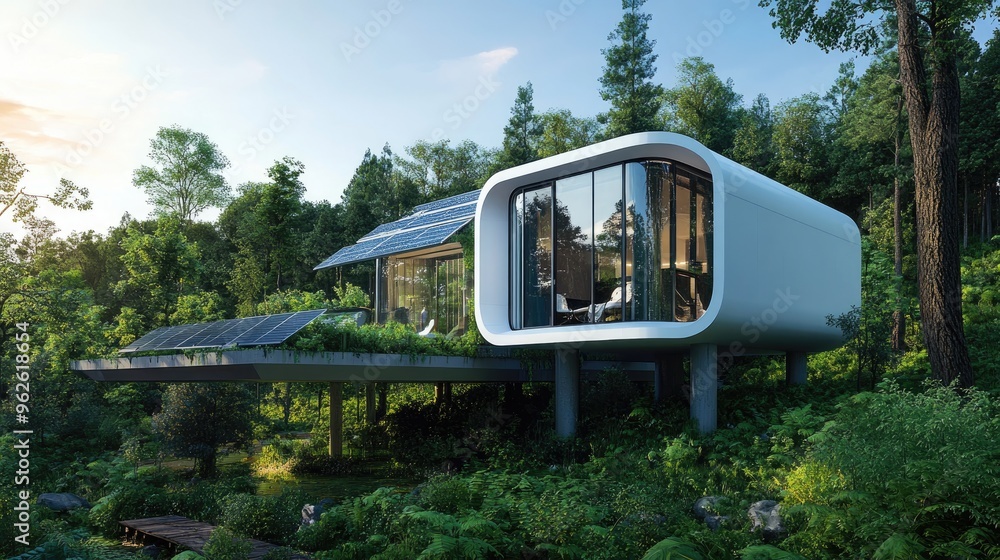 Naklejka premium White solar panels mounted on a futuristic, eco-friendly home with large windows and green surroundings