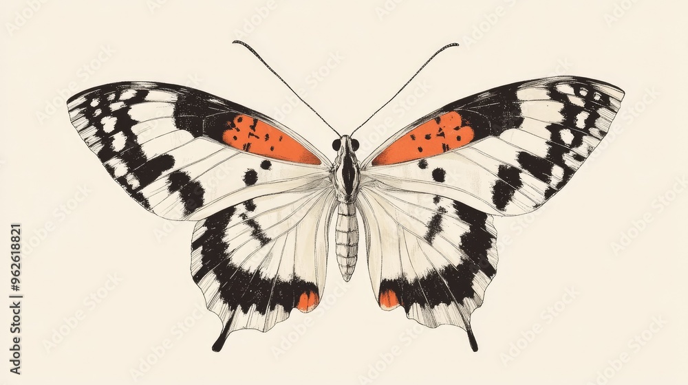 Fototapeta premium A vintage illustration butterfly, with symmetrical wings featuring black and white patterned wing patterns and an orange cross on each tip, set against a cream background. The design is minimalistic y
