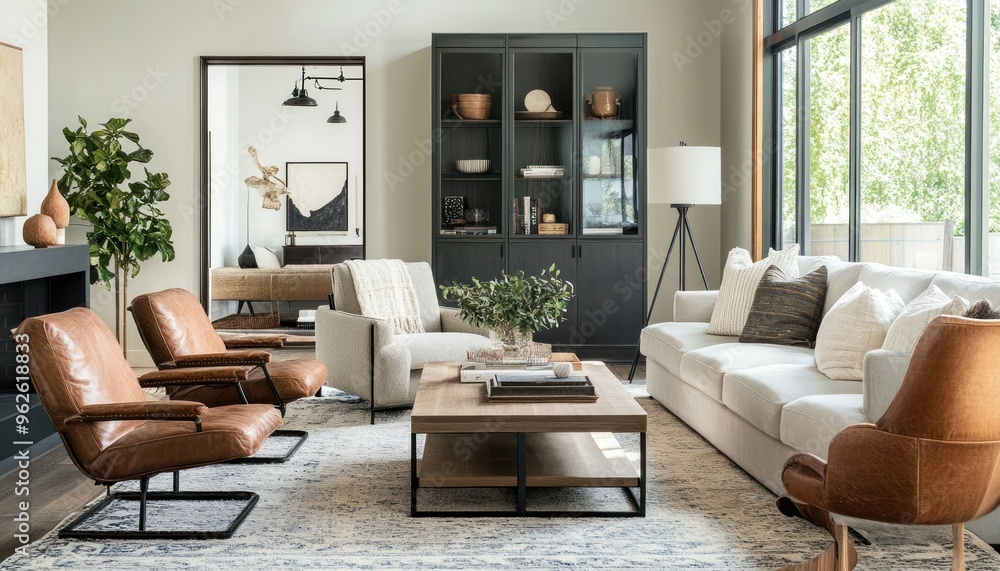 Modern Living Room with Leather Chairs and a White Sofa Modern Living Room with Leather Chairs and a White Sofa