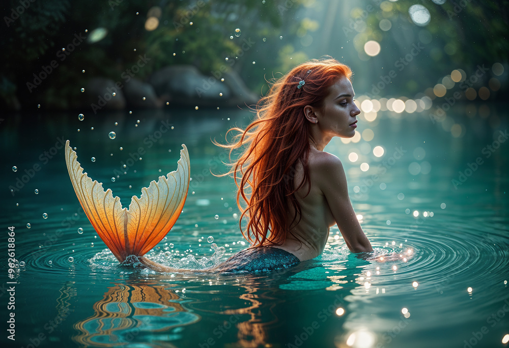 Young mermaid with red hair and rainbow tail in a magical lagoon ...