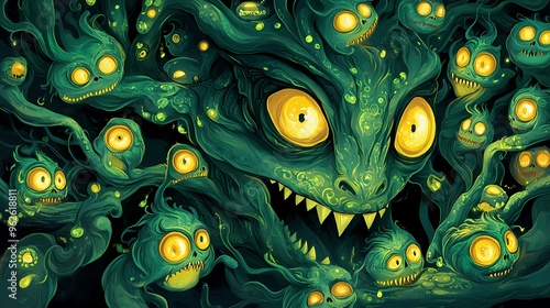 A green, monstrous creature with large eyes and sharp teeth. Many smaller creatures with yellow eyes are in the background. photo