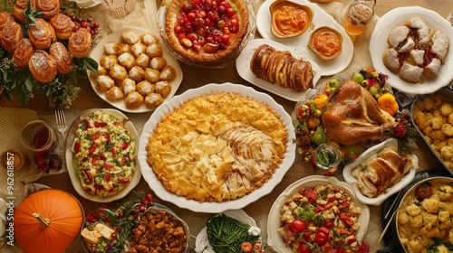 A Thanksgiving Feast Table Spread with Turkey, Pies, and Sides photo