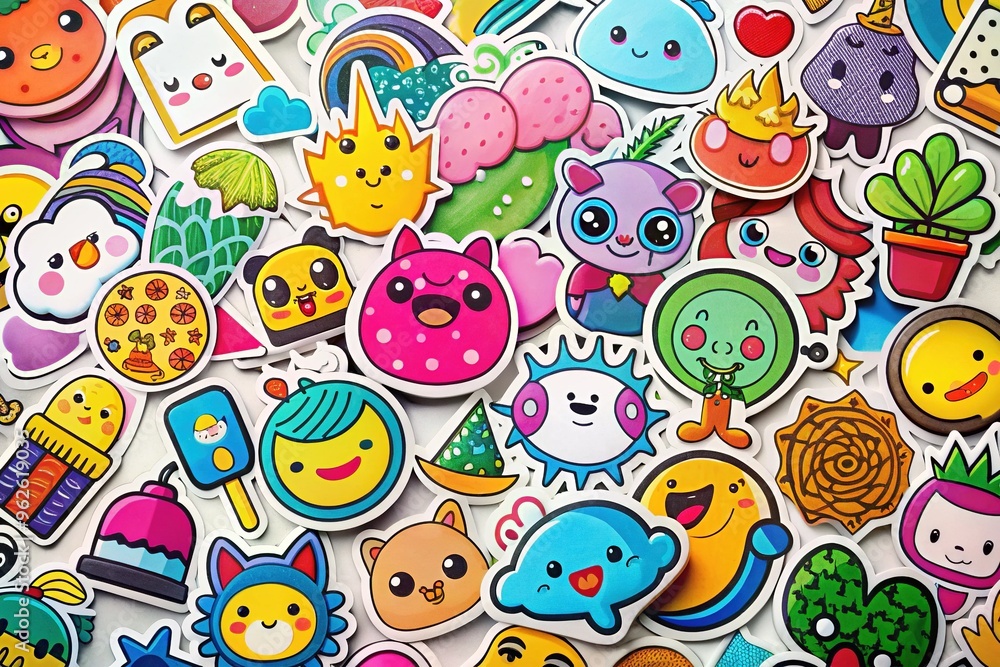 Colorful, whimsical stickers featuring cartoon characters, silly icons, and playful phrases scattered across a white background, adding a dash of humor to any digital project. Colorful, whimsical stickers featuring cartoon characters, silly icons, and playful phrases scattered across a white background, adding a dash of humor to any digital project.