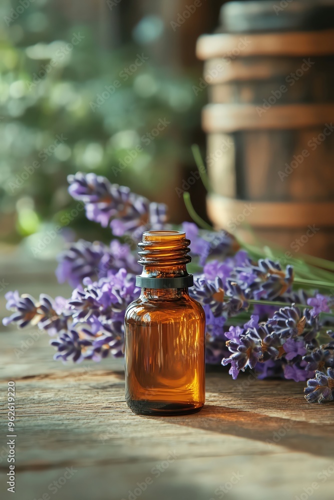 Lavender flowers and essential oil bottles on a rustic table Lavender flowers and essential oil bottles on a rustic table
