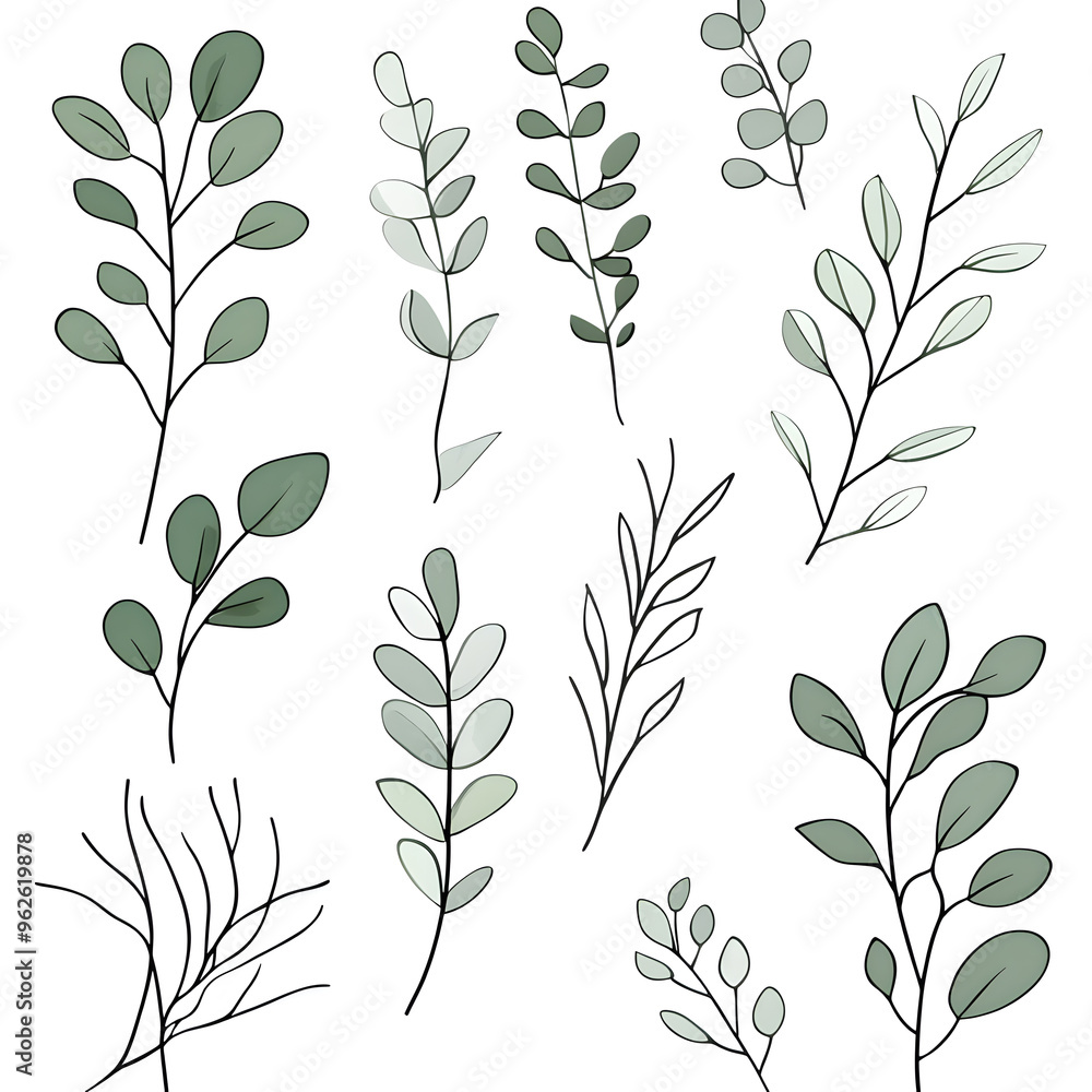 2D illustrator doodle-style floral and leaf graphics on a white background or wallpaper 2D illustrator doodle-style floral and leaf graphics on a white background or wallpaper
