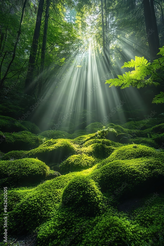 Obraz premium Sunbeams filtering through a lush, mosscovered forest, tranquil scene