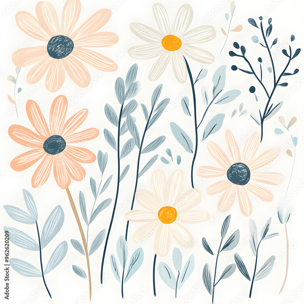 2D illustrator doodle-style floral and leaf graphics on a white background or wallpaper 2D illustrator doodle-style floral and leaf graphics on a white background or wallpaper
