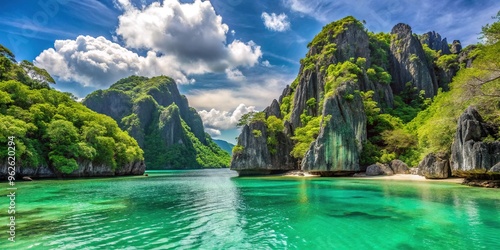 Serenene turquoise waters surround lush green islets with white sandy shores and towering limestone cliffs in a stunning Philippine national park landscape. photo