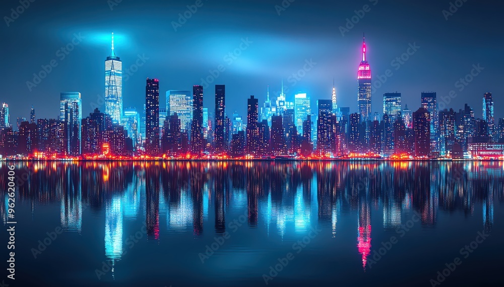 Fototapeta premium Vibrant New York City skyline at night, reflected in the calm water