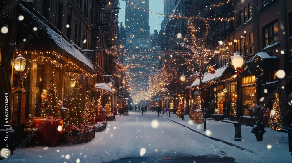 Snowfall on a Christmas-Decorated City Street Snowfall on a Christmas-Decorated City Street